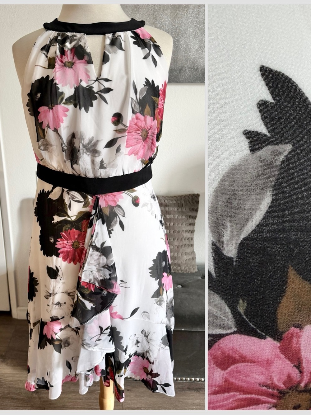 Joseph Ribkoff Floral Chiffon Dress Black Pink Sleeveless Keyhole Fit & Flare